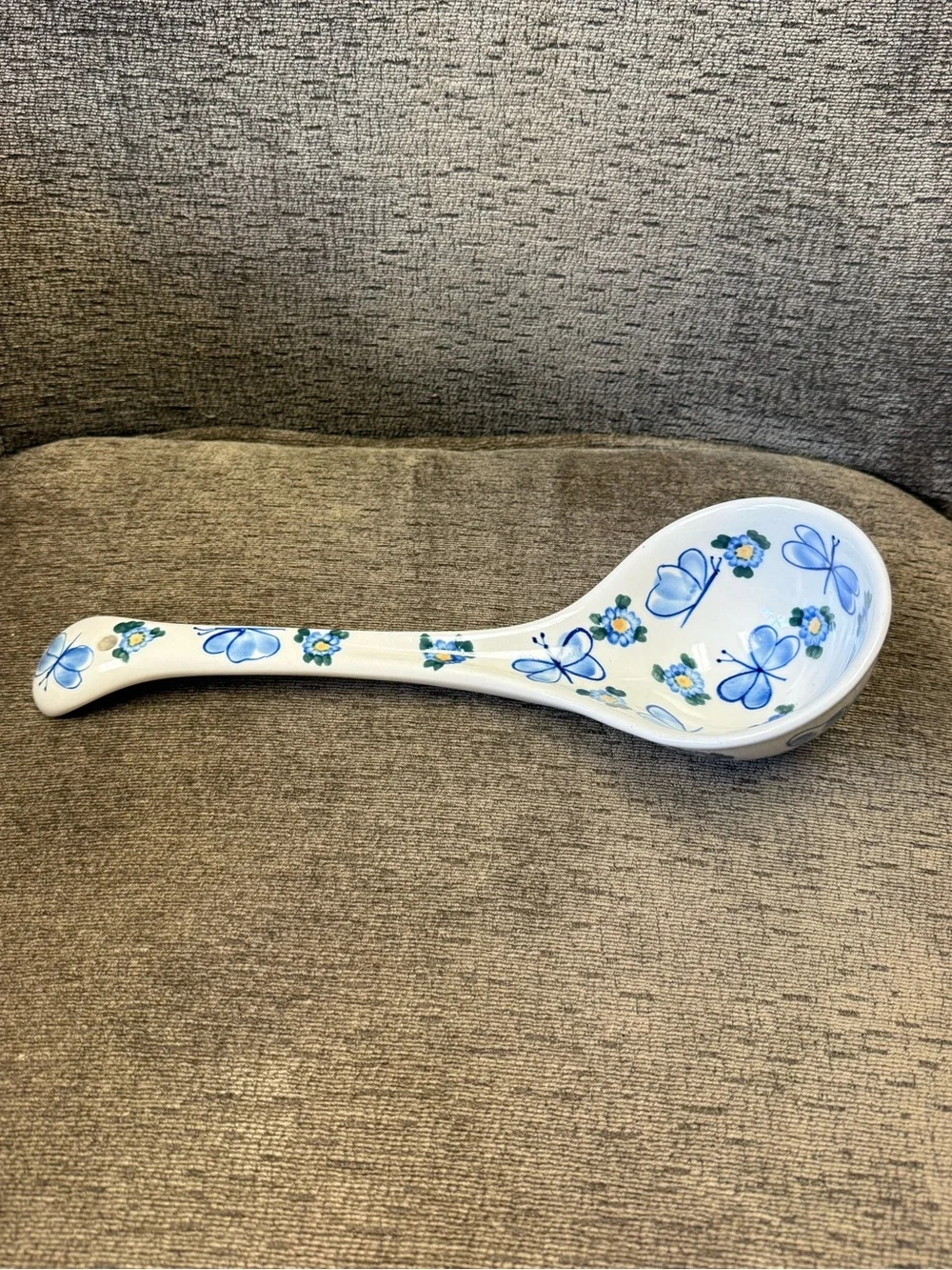 Polish Pottery Blue Butterfly & Floral Ceramic Large Ladle Signed A. Beszayi.